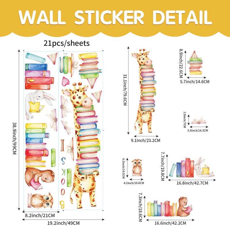 Kasubeso Animals Reading Books Wall Decals Watercolor Large Giraffe Bear Rabbit Owl Read Books Wall Stickers for Kids Bedroom Nursery Playroom Classroom Library Reading Corner Decoration - Image 2